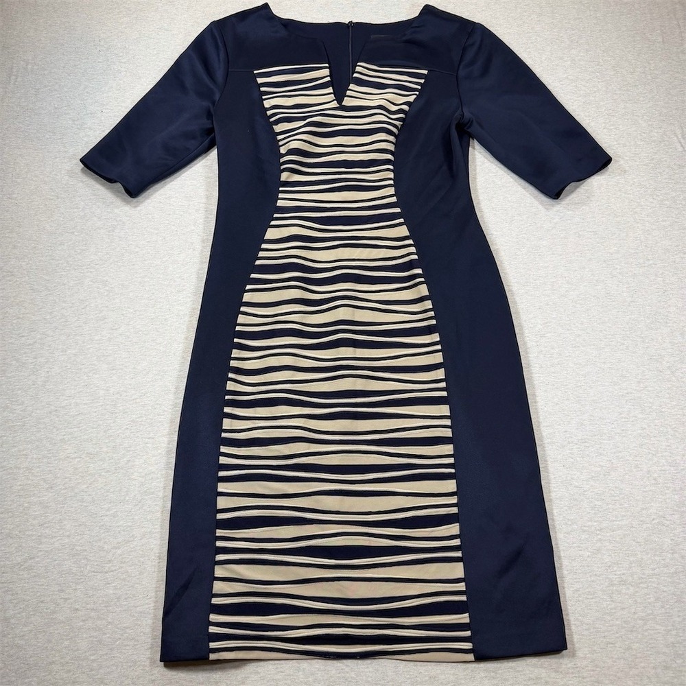 Connected Apparel Sheath Dress Womens Size 6‎ Navy Beige Striped V-Neck